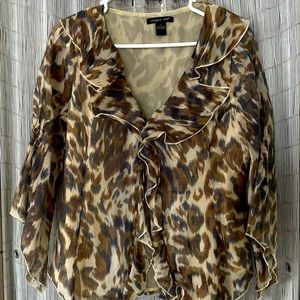 Animal Print, button down, Rufffles, 1/3 sleeve, lined blouse